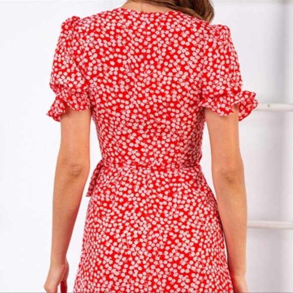 Red Floral V-Neck Wrap Dress - Picture 2 of 9